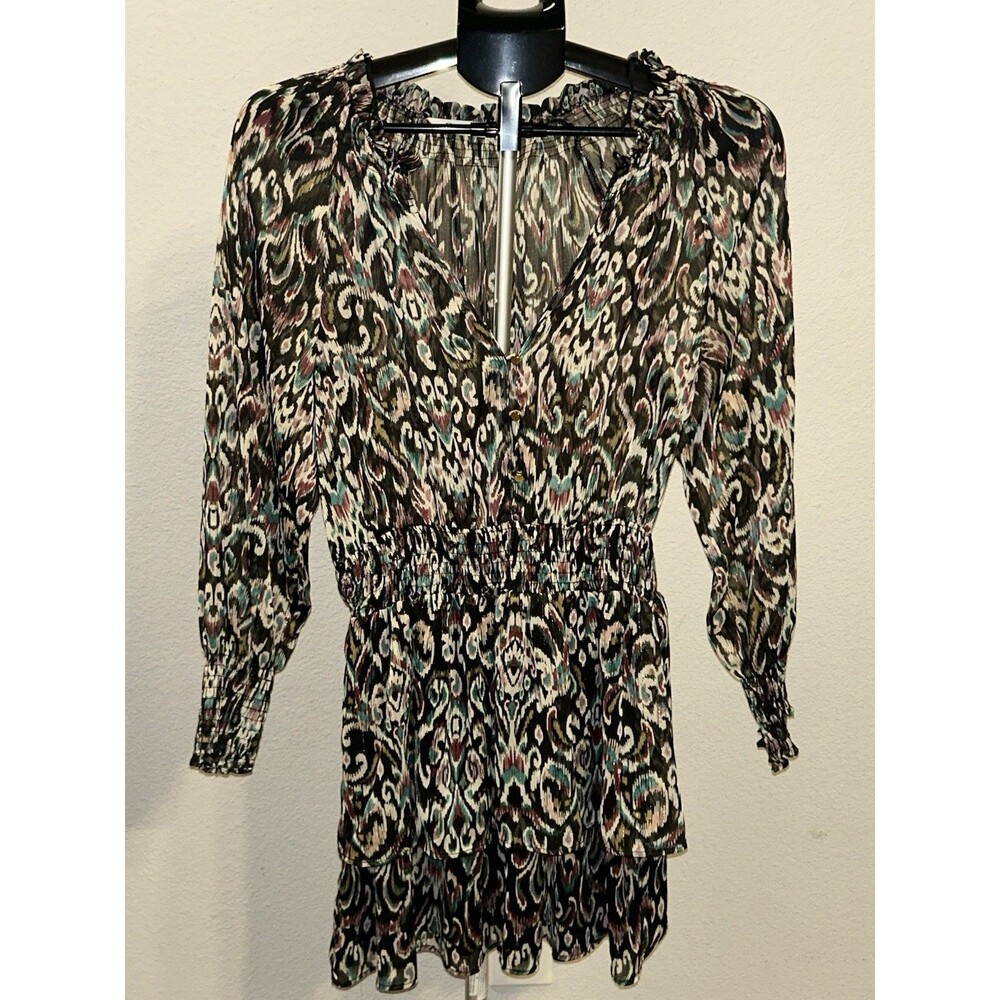 ZARA Printed Metallic Thread Mini Dress Smocked Waist Ikat Boho Ruffle Women M